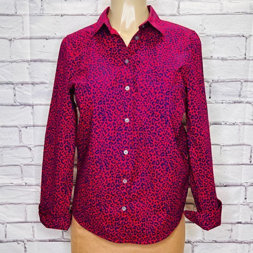 J. Crew Womens Red Leopard Print Long Sleeves Button Down Shirt Size Small